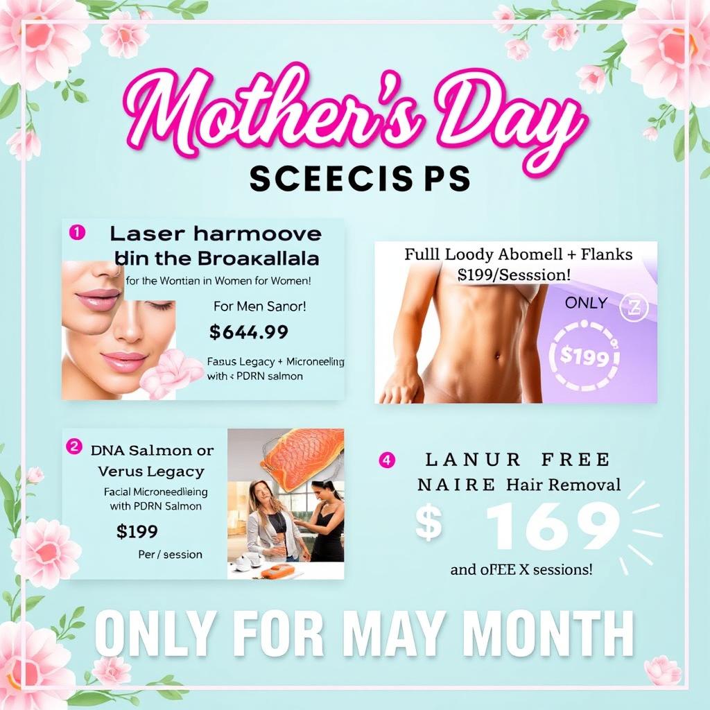 A vibrant and eye-catching poster advertising Mother's Day specials for a beauty spa