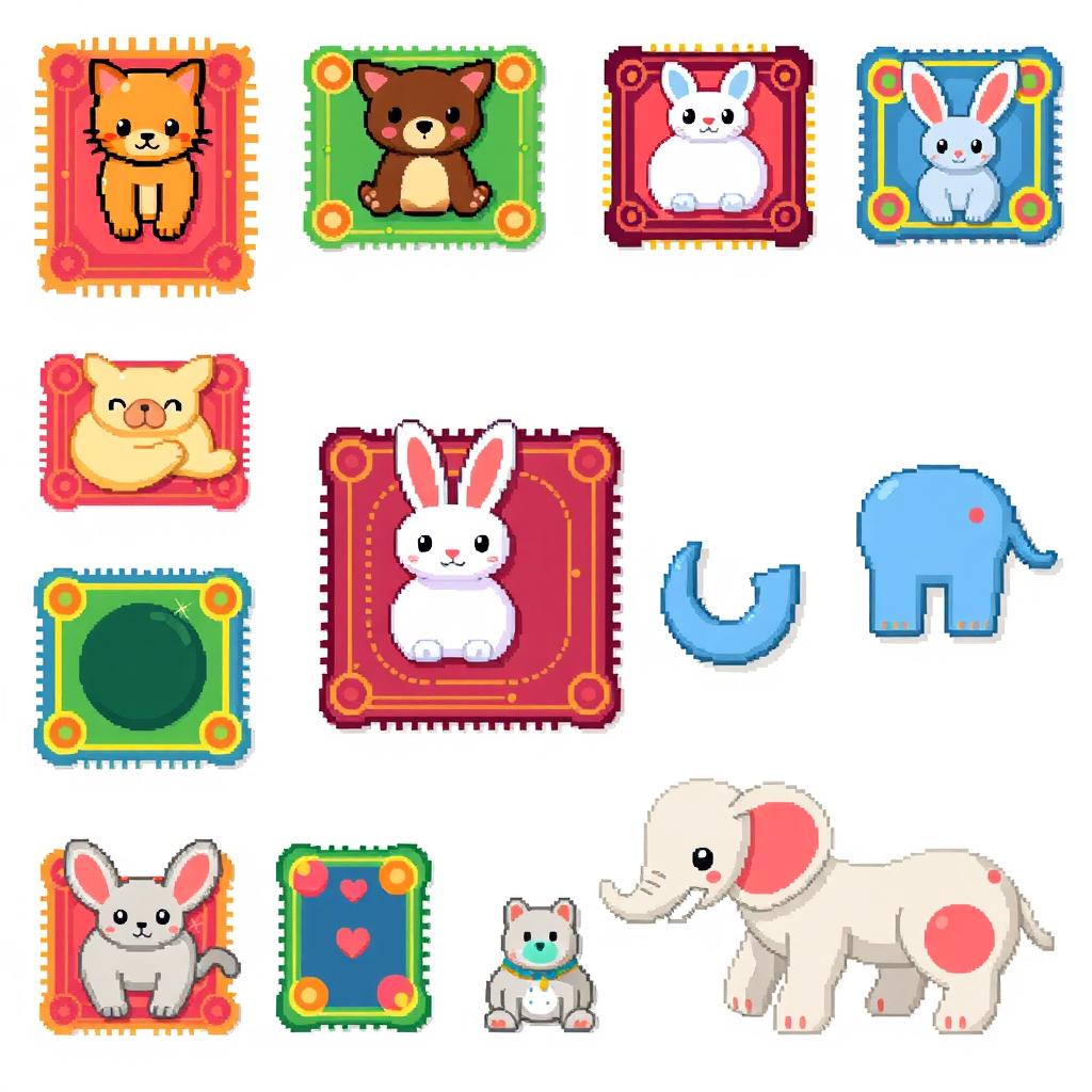 A vibrant and colorful pixel art spritesheet featuring an array of animal-shaped rugs