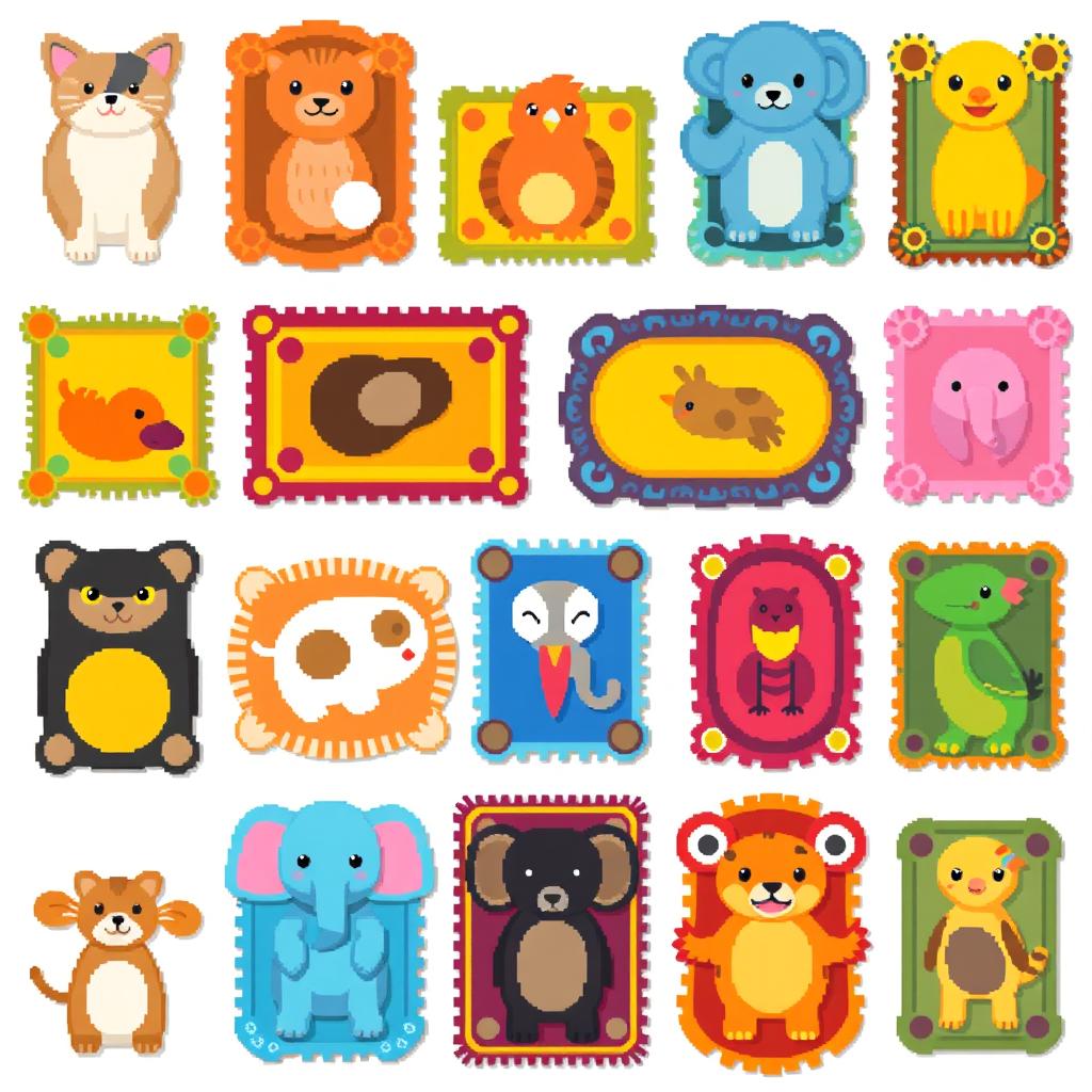 A colorful pixel art spritesheet featuring animal-shaped rugs