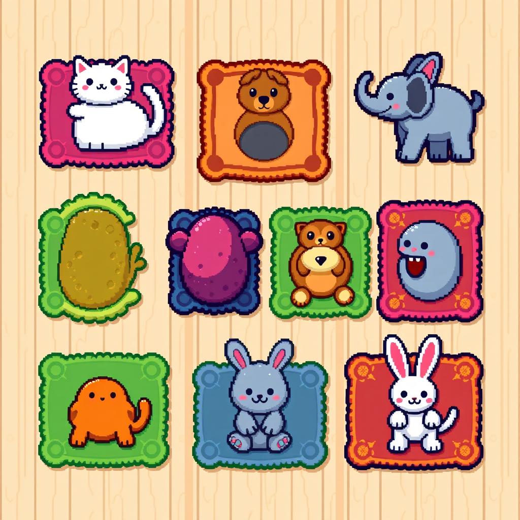 A vibrant, colorful pixel art spritesheet featuring a variety of animal-shaped rugs