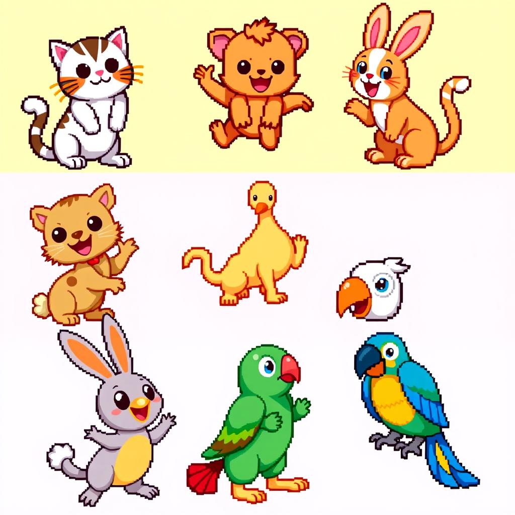 A vibrant pixel art spritesheet featuring various adorable animals, including a playful cat, a jumping dog, a cheerful bunny, and a singing parrot