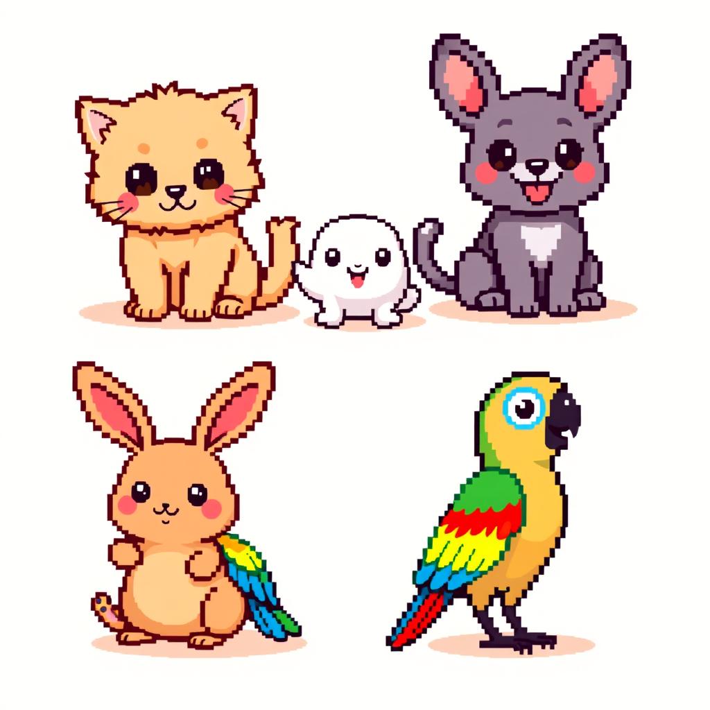 A collection of adorable pixel art animal sprites, showcasing a variety of cute animals like a fluffy kitten, a playful puppy, a cheerful bunny, and a colorful parrot