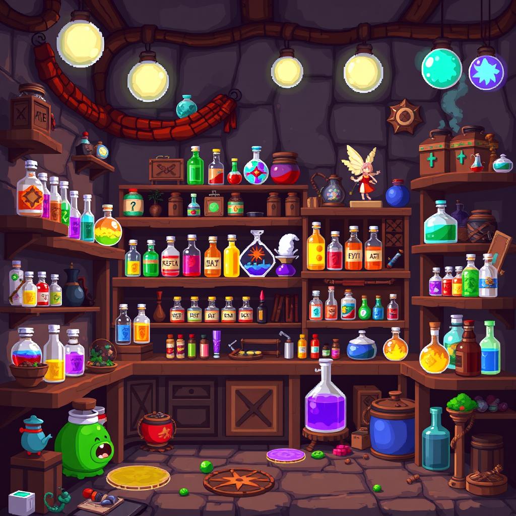 A magical potion shop in pixel art style, featuring a variety of colorful potions on the shelves, a whimsical atmosphere with floating shelves, glowing orbs, and detailed pixelated textures