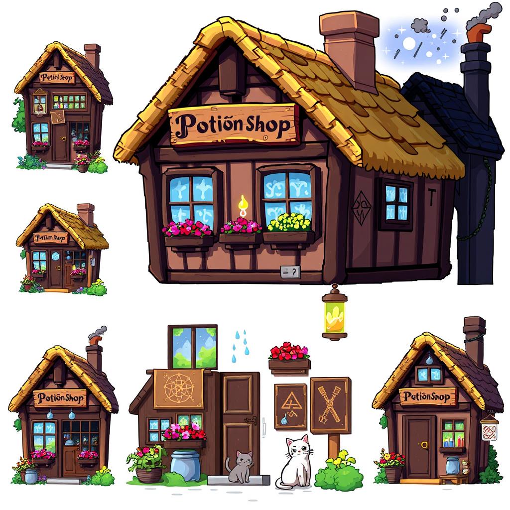 A pixel art spritesheet depicting the exterior of a magical potion shop