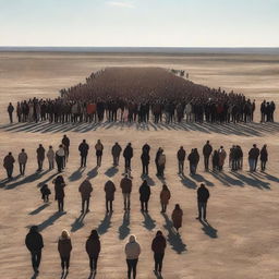 A group of people gathered at a vast expanse representing the last humans on earth, displaying emotions of hope, unity, and resilience amidst the desolation.