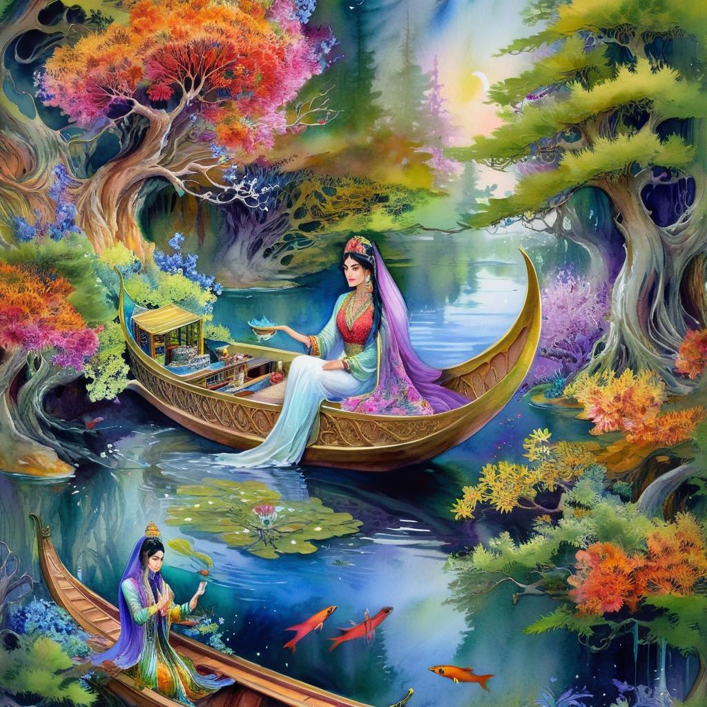 Mystical and spiritual watercolor painting of a beautiful Iranian woman sitting inside a royal boat on a beautiful and peaceful pond in a dense forest with cypress trees, plane trees, grapevines, winding bonsai trees, and a whirlwind of colorful flowers and beautiful.