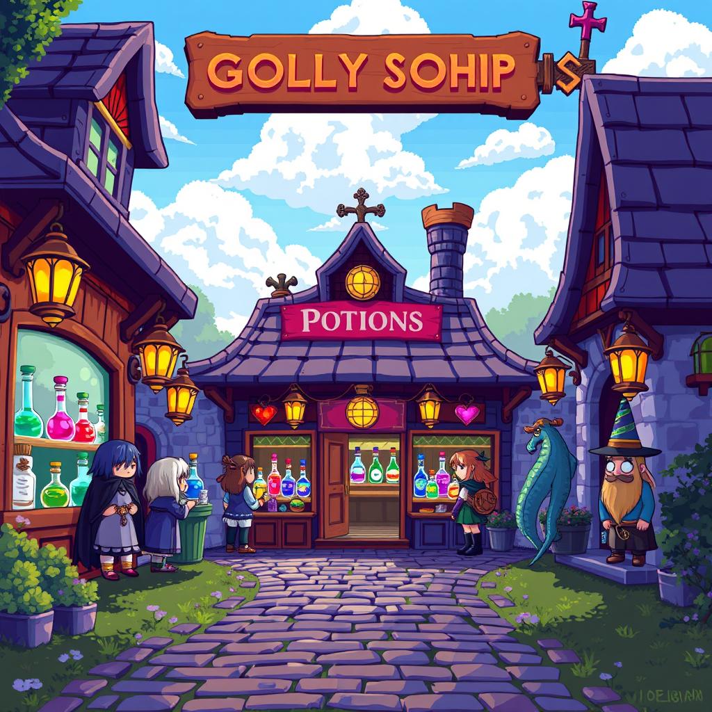 A vibrant pixel art depiction of a magical potions shop seen from the exterior, featuring whimsical architecture with colorful potion bottles displayed in the windows