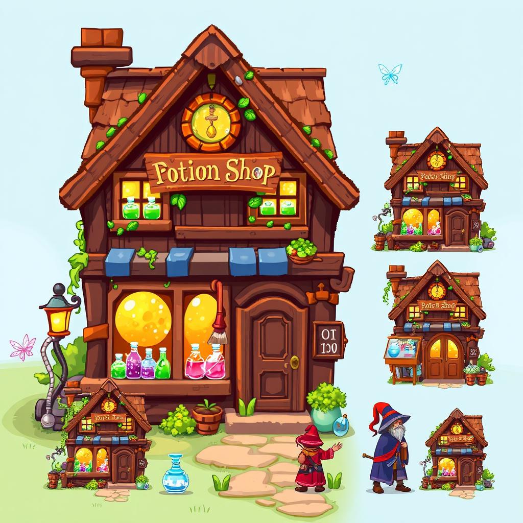 An exterior view of a magical potion shop, designed in a vibrant RPG pixel art style