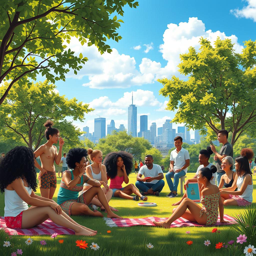 A diverse group of humans interacting joyfully in a vibrant urban park