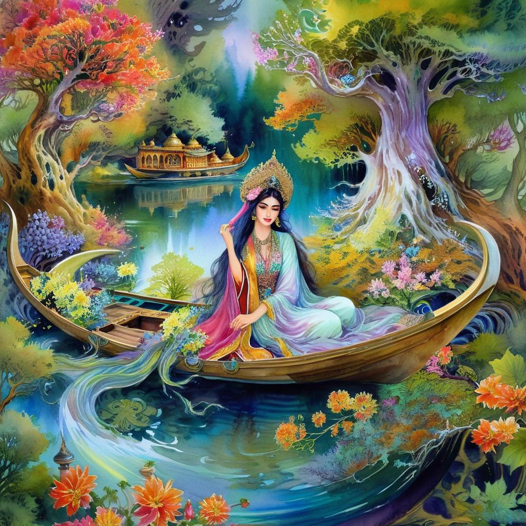 Mystical and spiritual watercolor painting of a beautiful Iranian woman sitting inside a royal boat on a beautiful and peaceful pond in a dense forest with cypress trees, plane trees, grapevines, winding bonsai trees, and a whirlwind of colorful flowers and beautiful.