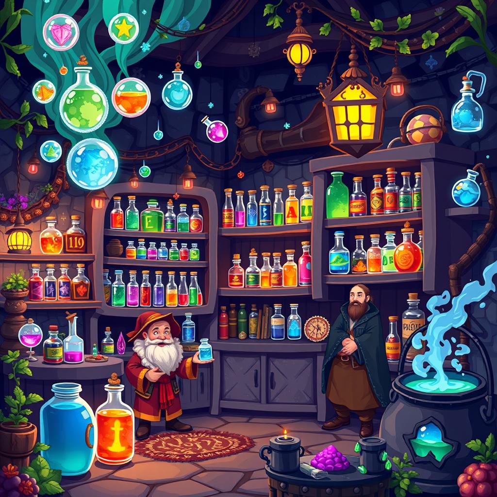 A vibrant and detailed pixel art spritesheet of a magical potion shop, designed in a classic RPG style