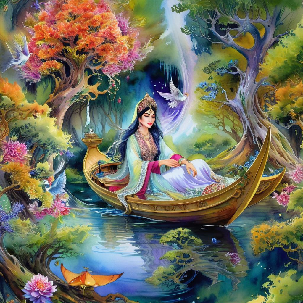 Mystical and spiritual watercolor painting of a beautiful Iranian woman sitting inside a royal boat on a beautiful and peaceful pond in a dense forest with cypress trees, plane trees, grapevines, winding bonsai trees, and a whirlwind of colorful flowers and beautiful.