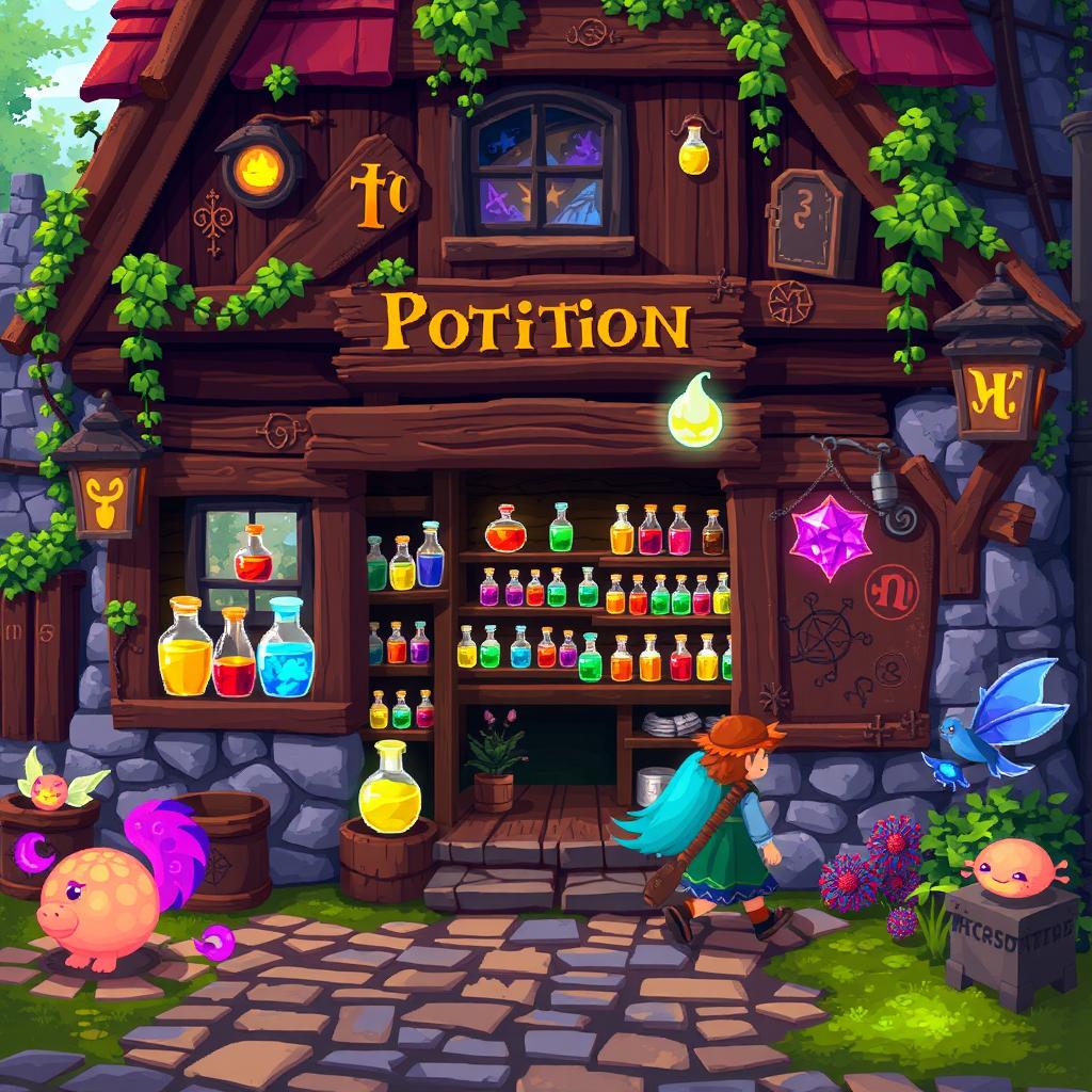 An exterior view of a magical potion shop from a role-playing game (RPG), designed in vibrant pixel art style