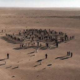 A group of people gathered at a vast expanse representing the last humans on earth, displaying emotions of hope, unity, and resilience amidst the desolation.