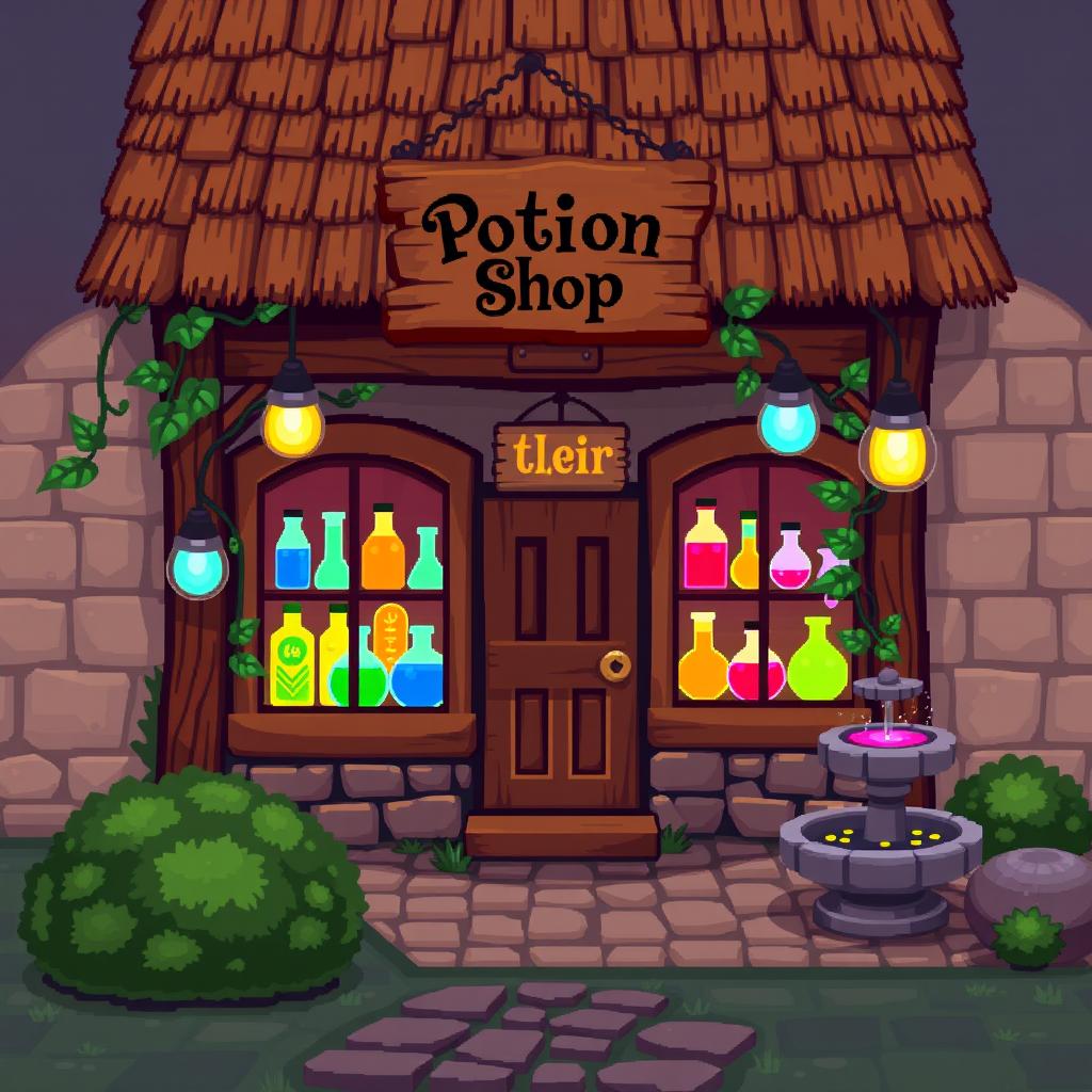 A pixel art sprite sheet depicting an enchanting magical potion shop from an RPG, showing the exterior of the shop