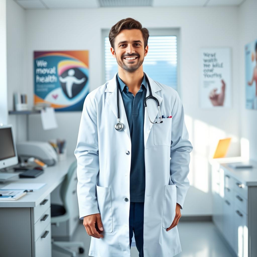 A confident individual standing in a bright, modern doctor's office, wearing a pristine white doctor's coat