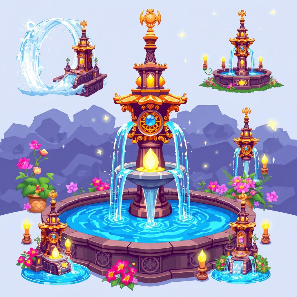 A vibrant pixel art spritesheet featuring a magical fountain