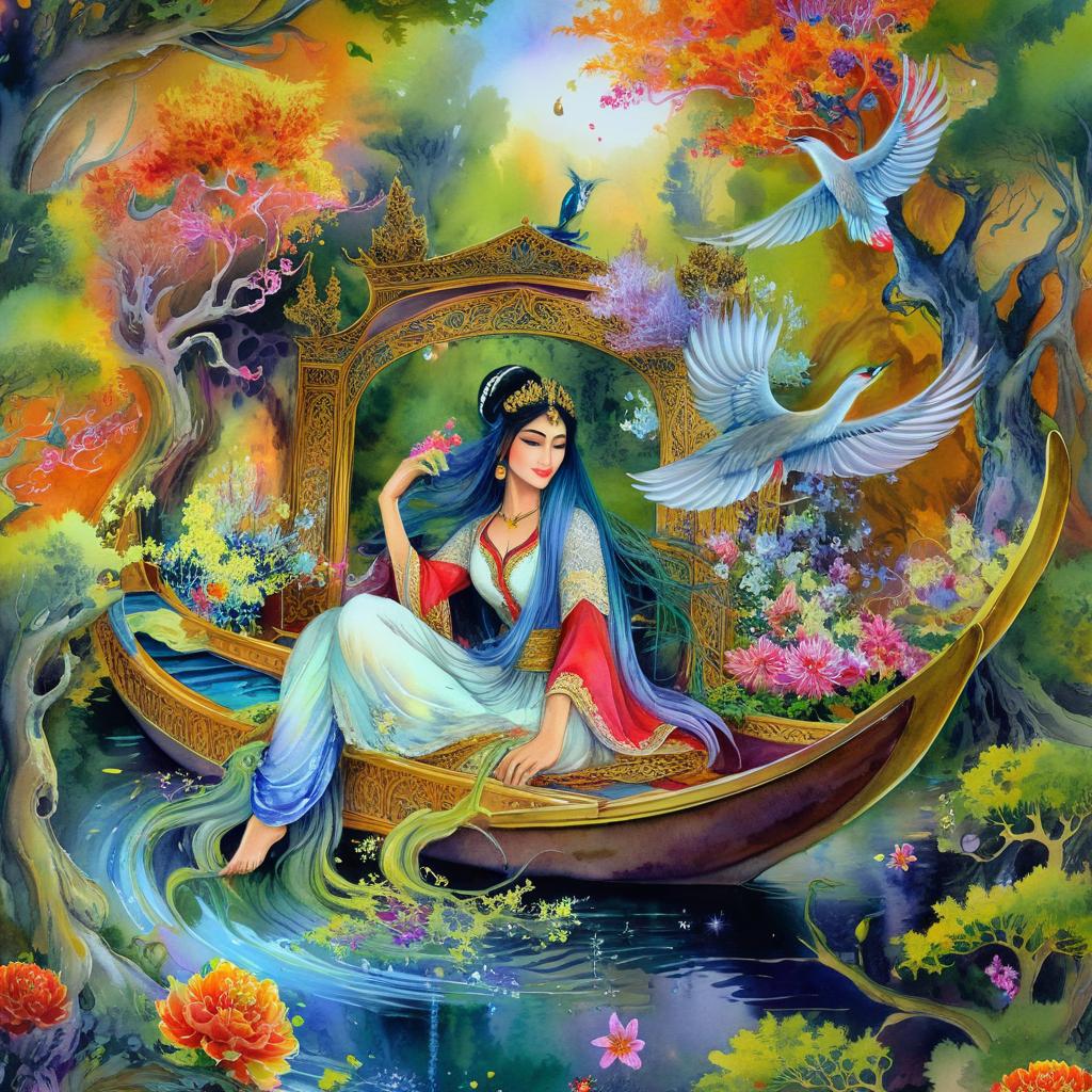 Mystical and spiritual watercolor painting of a beautiful Iranian woman sitting inside a royal boat on a beautiful and peaceful pond in a dense forest with cypress trees, plane trees, grapevines, winding bonsai trees, and a whirlwind of colorful flowers and beautiful.