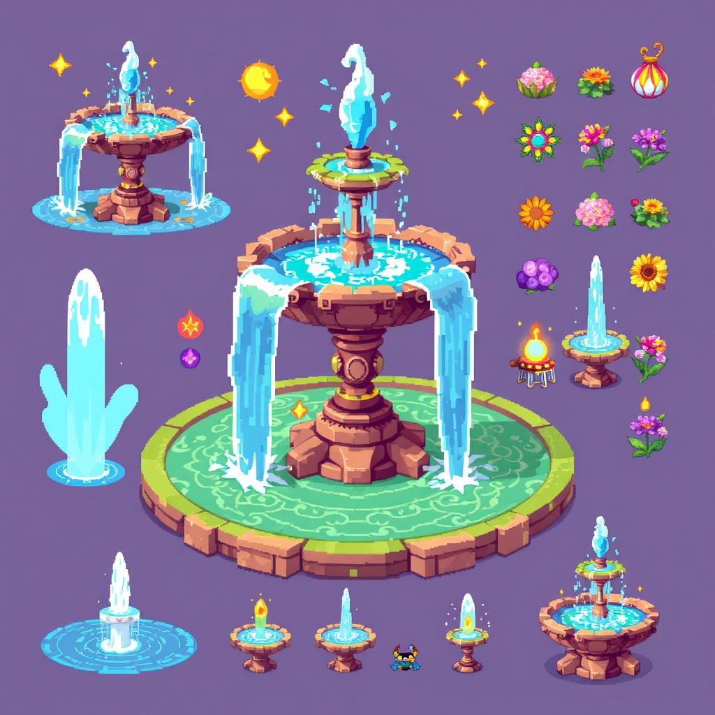 A vibrant pixel art spritesheet showcasing a magical fountain