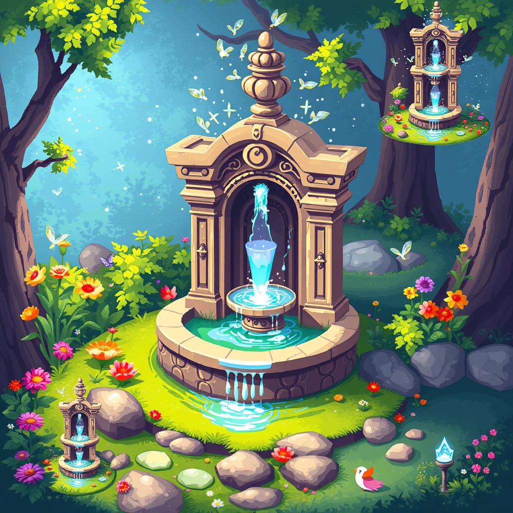 A magical fountain in a pixel art style, designed as a spritesheet