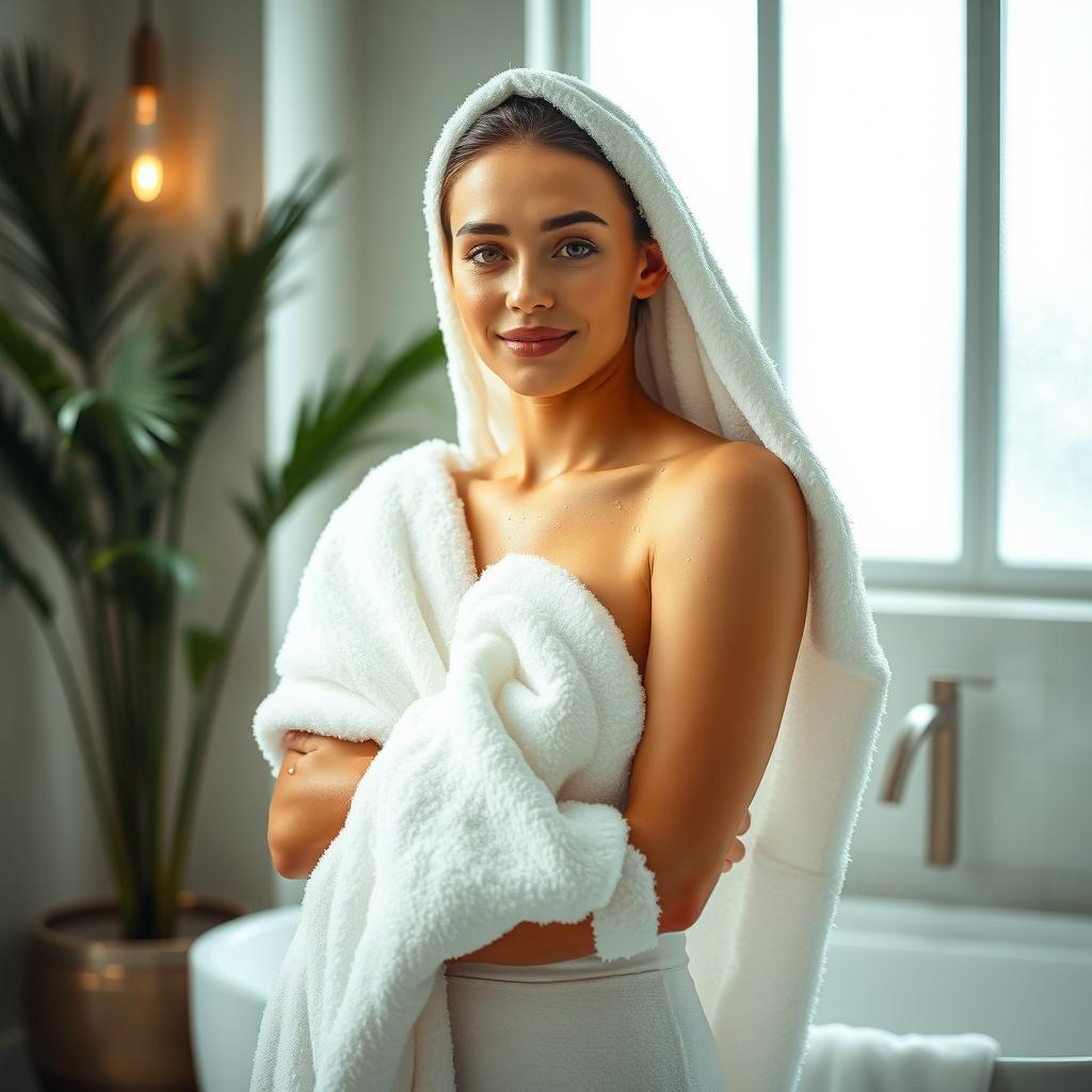 A person standing confidently wrapped in a soft, fluffy towel, showcasing natural beauty and radiating warmth