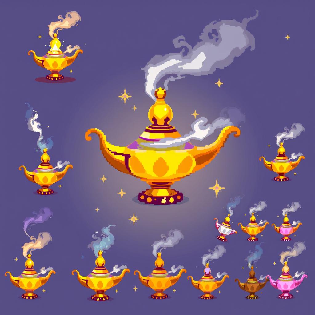 A vibrant pixel art spritesheet featuring a magical lamp inspired by classic folklore