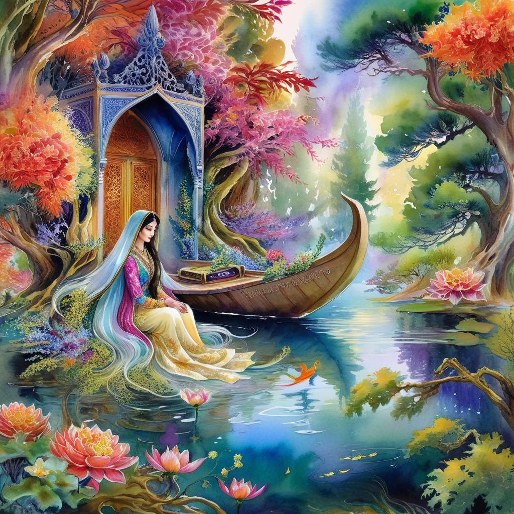 Mystical and spiritual watercolor painting of a beautiful Iranian woman sitting inside a royal boat on a beautiful and peaceful pond in a dense forest with cypress trees, plane trees, grapevines, winding bonsai trees, and a whirlwind of colorful flowers and beautiful.