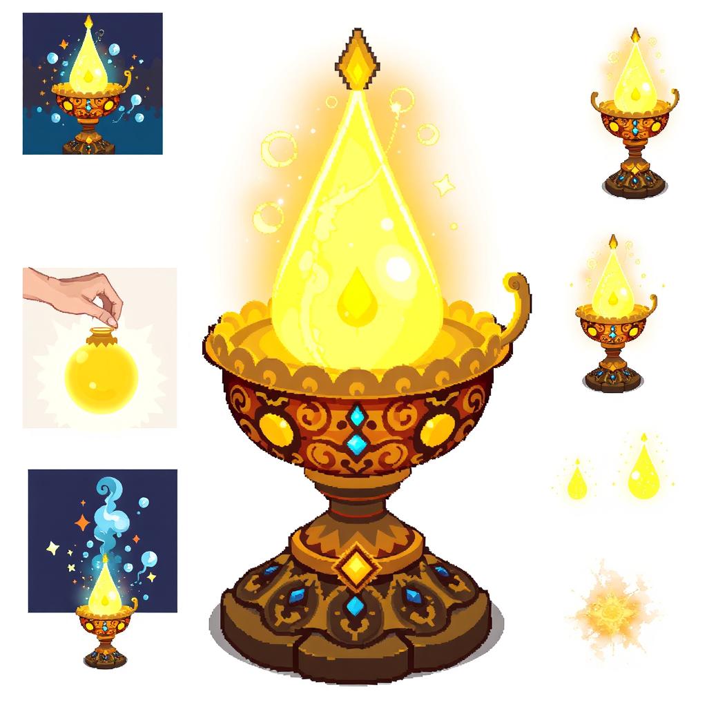 A vibrant pixel art spritesheet featuring a magical lamp, glowing brightly with intricate designs on its surface