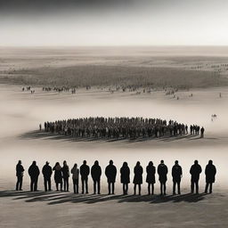 A group of people gathered at a vast expanse representing the last humans on earth, displaying emotions of hope, unity, and resilience amidst the desolation.