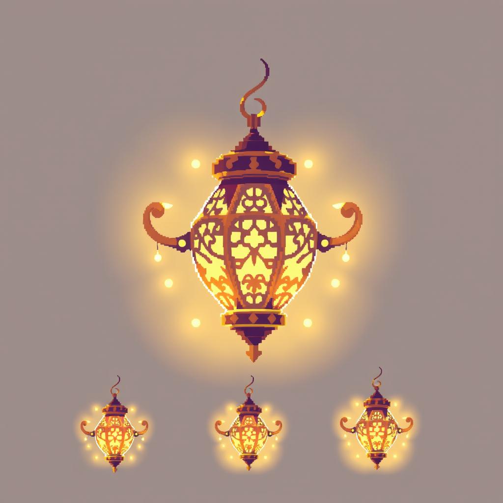 A magical floating lamp emitting soft, radiant light, designed in pixel art style