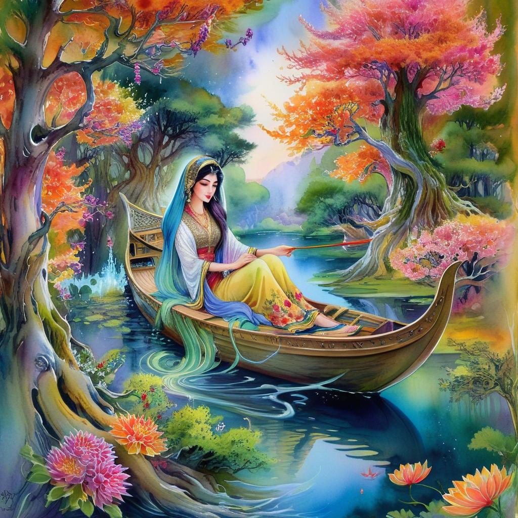 Mystical and spiritual watercolor painting of a beautiful Iranian woman sitting inside a royal boat on a beautiful and peaceful pond in a dense forest with cypress trees, plane trees, grapevines, winding bonsai trees, and a whirlwind of colorful flowers and beautiful.