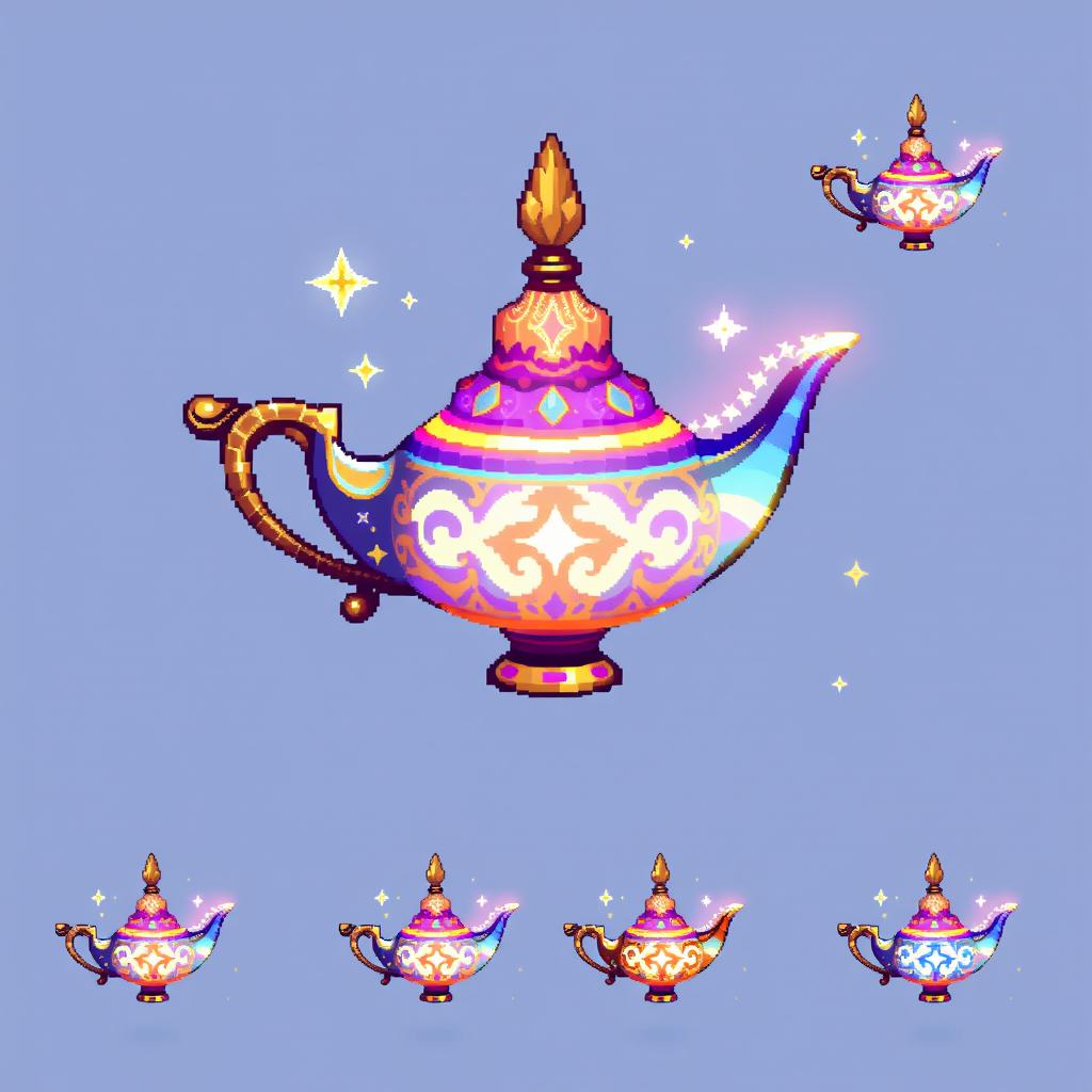 A glowing magical lamp that floats, designed in pixel art style