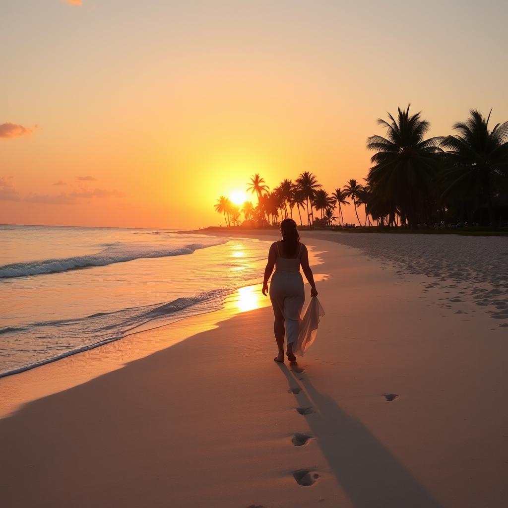 A serene beach at sunset, the golden sun dipping below the horizon, casting warm orange and pink hues across the sky