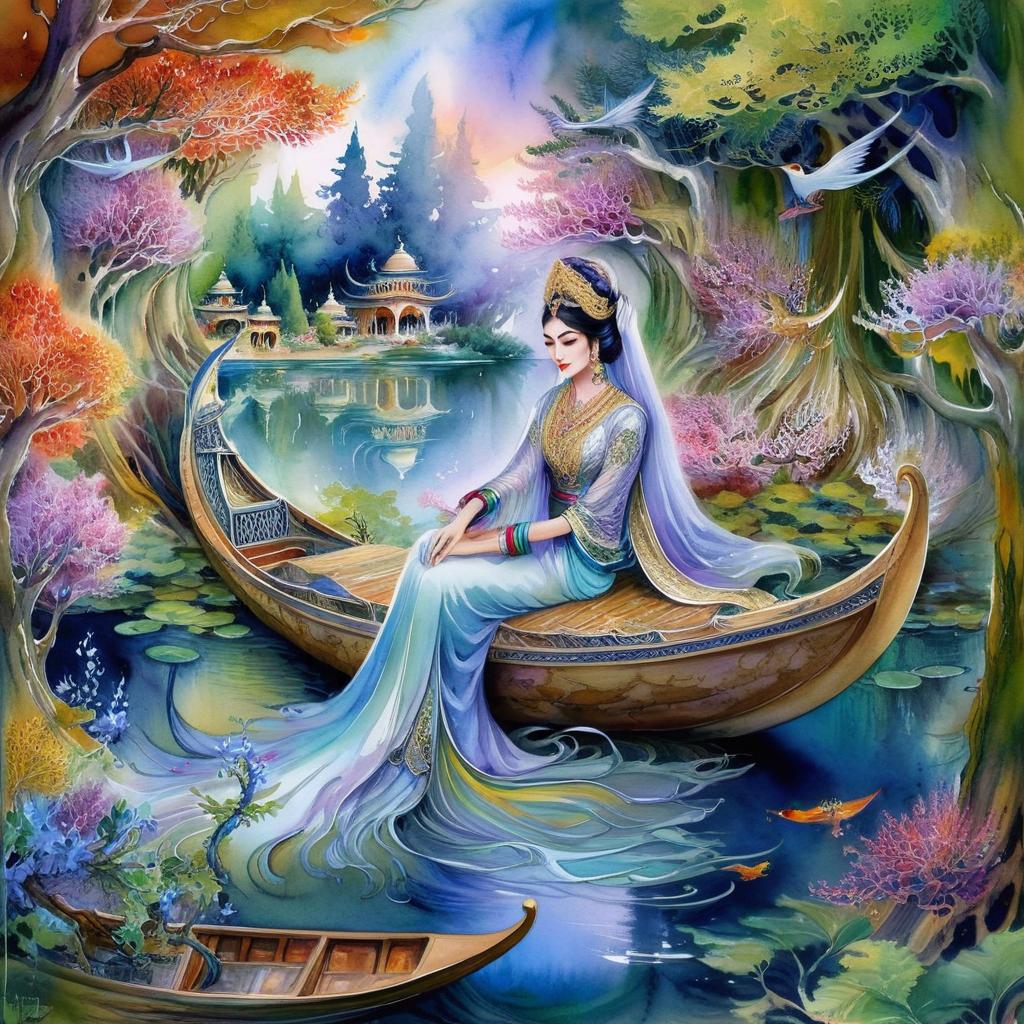 Mystical and spiritual watercolor painting of a beautiful Iranian woman sitting inside a royal boat on a beautiful and peaceful pond in a dense forest with cypress trees, plane trees, grapevines, winding bonsai trees, and a whirlwind of colorful flowers and beautiful.