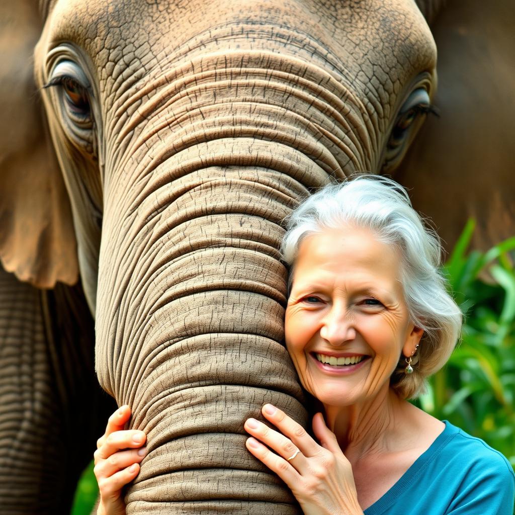 A senior woman with a warm, joyful smile, gently resting her head against the head of an African elephant