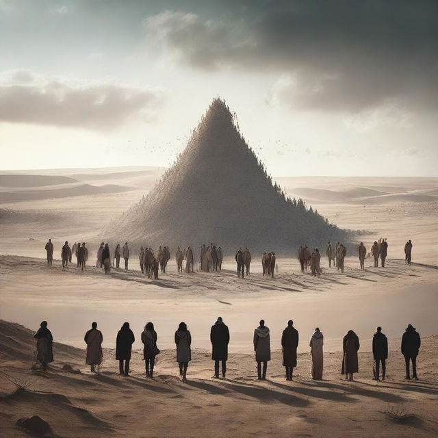 A group of people gathered at a vast expanse representing the last humans on earth, displaying emotions of hope, unity, and resilience amidst the desolation.