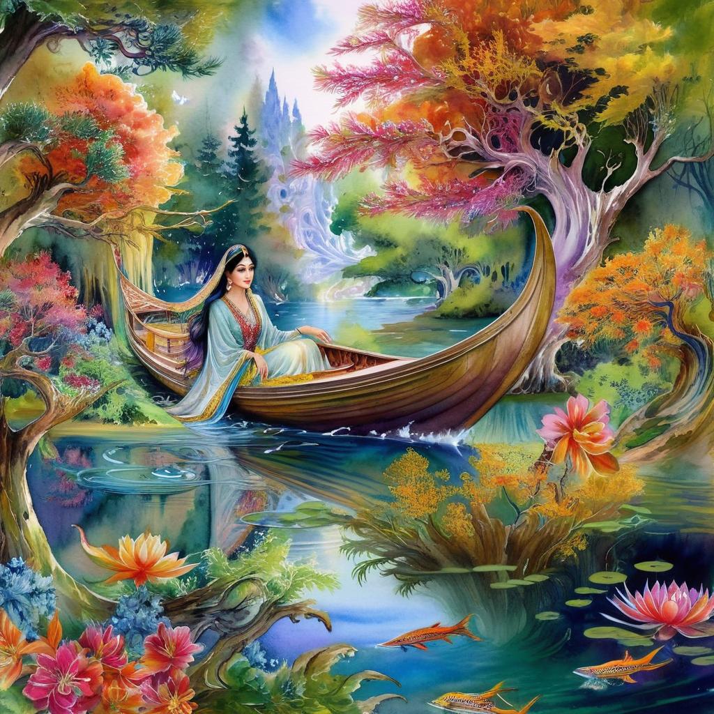 Mystical and spiritual watercolor painting of a beautiful Iranian woman sitting inside a royal boat on a beautiful and peaceful pond in a dense forest with cypress trees, plane trees, grapevines, winding bonsai trees, and a whirlwind of colorful flowers and beautiful.