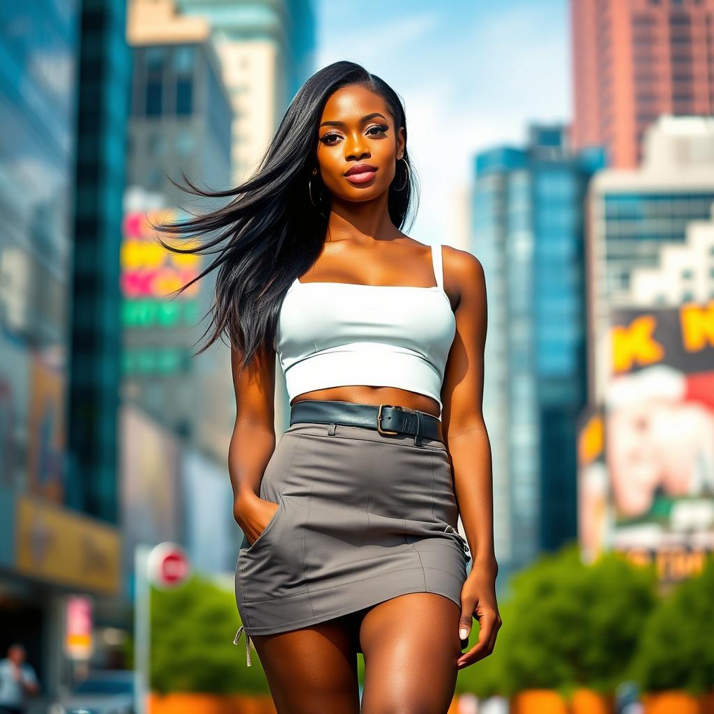 A fashionable black woman standing confidently, dressed in a stylish crop top and a chic short skirt