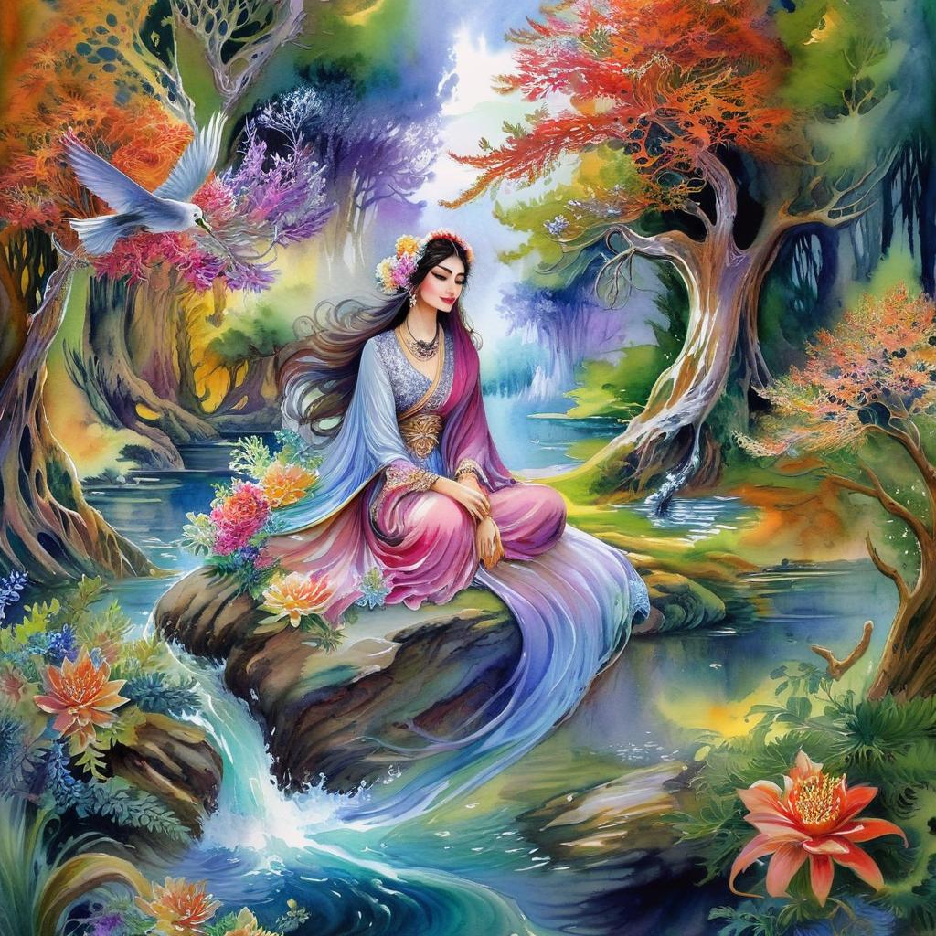 Mystical and spiritual watercolor painting of a beautiful Iranian woman sitting on a rock on a beautiful and peaceful pond in a dense forest with cypress trees, plane trees, grapevines, winding bonsai trees, and a whirlwind of colorful flowers and beautiful.