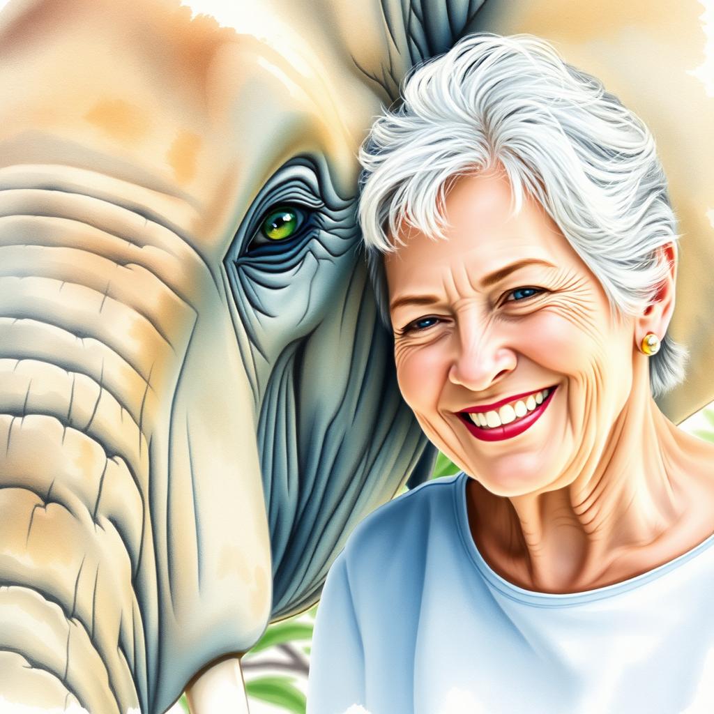 A watercolor painting of a senior woman with a warm, joyful smile, gently resting her head against the head of an African elephant