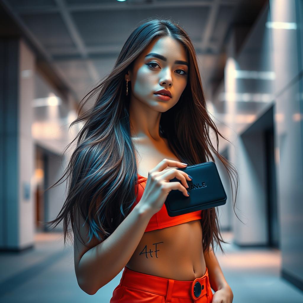 A young female model showcasing a stylish, modern product in a sleek, urban environment