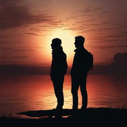 Two last humans on earth, silhouetted against a dramatic sunset, realizing the gravity of their solitary existence. Their expressions speak of determination and a mutual understanding in facing this new world.