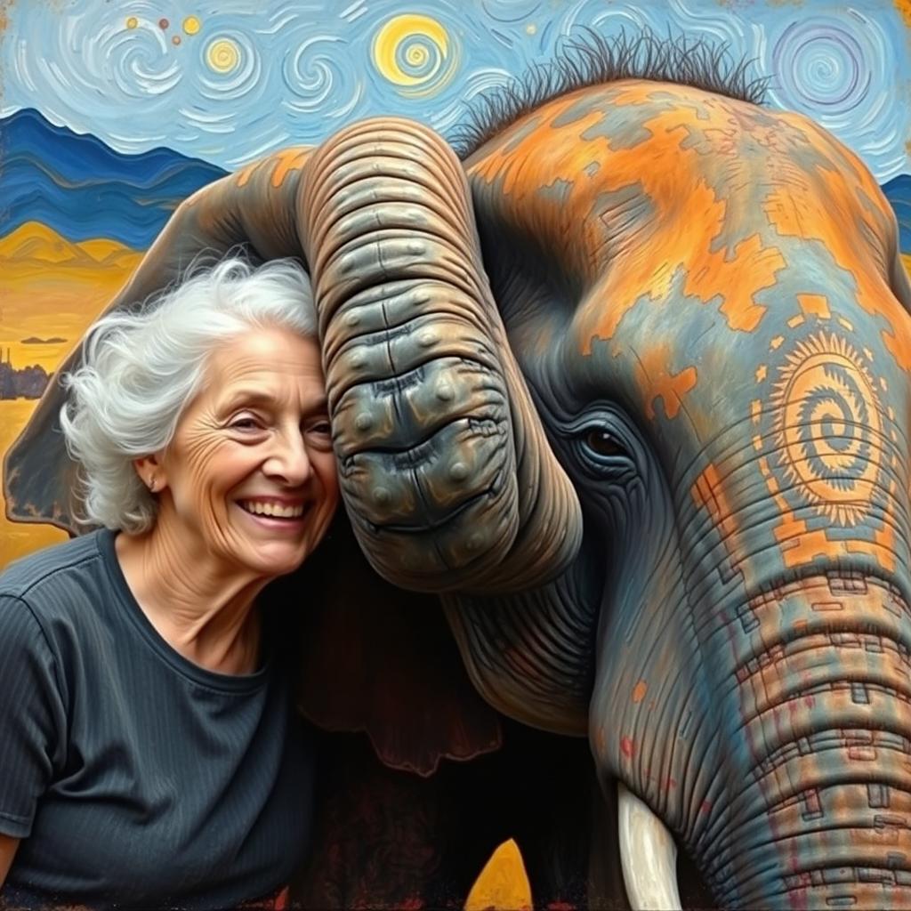 An elderly woman smiling affectionately, her head gently touching the head of an African elephant
