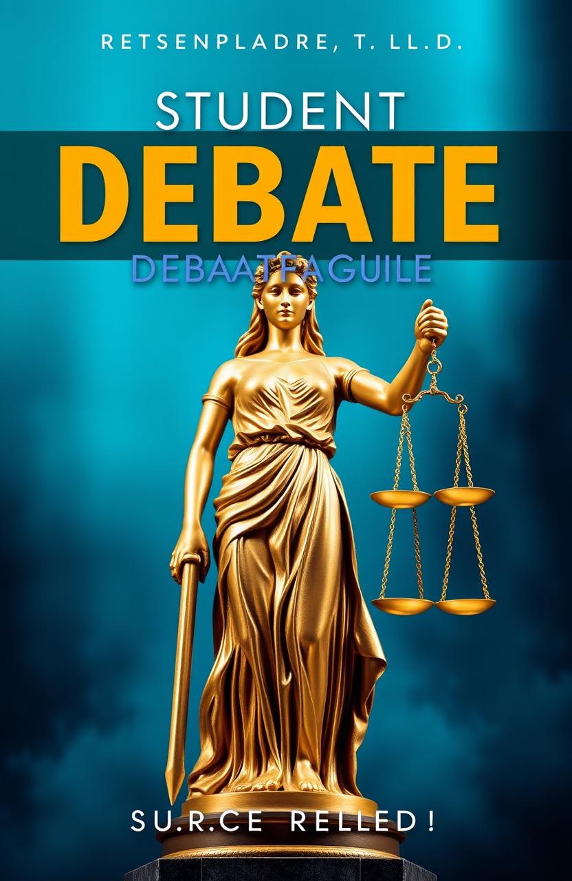 A book cover design for a student debate guide, featuring a striking background of the Statue of Justice (Lady Justice), symbolizing fairness and integrity