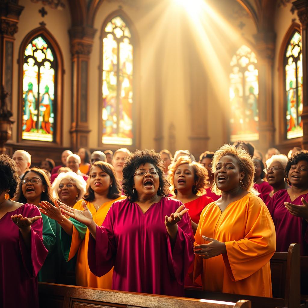 A vibrant and uplifting scene of a gospel choir performing in a grand church, bathed in warm sunlight streaming through stained glass windows