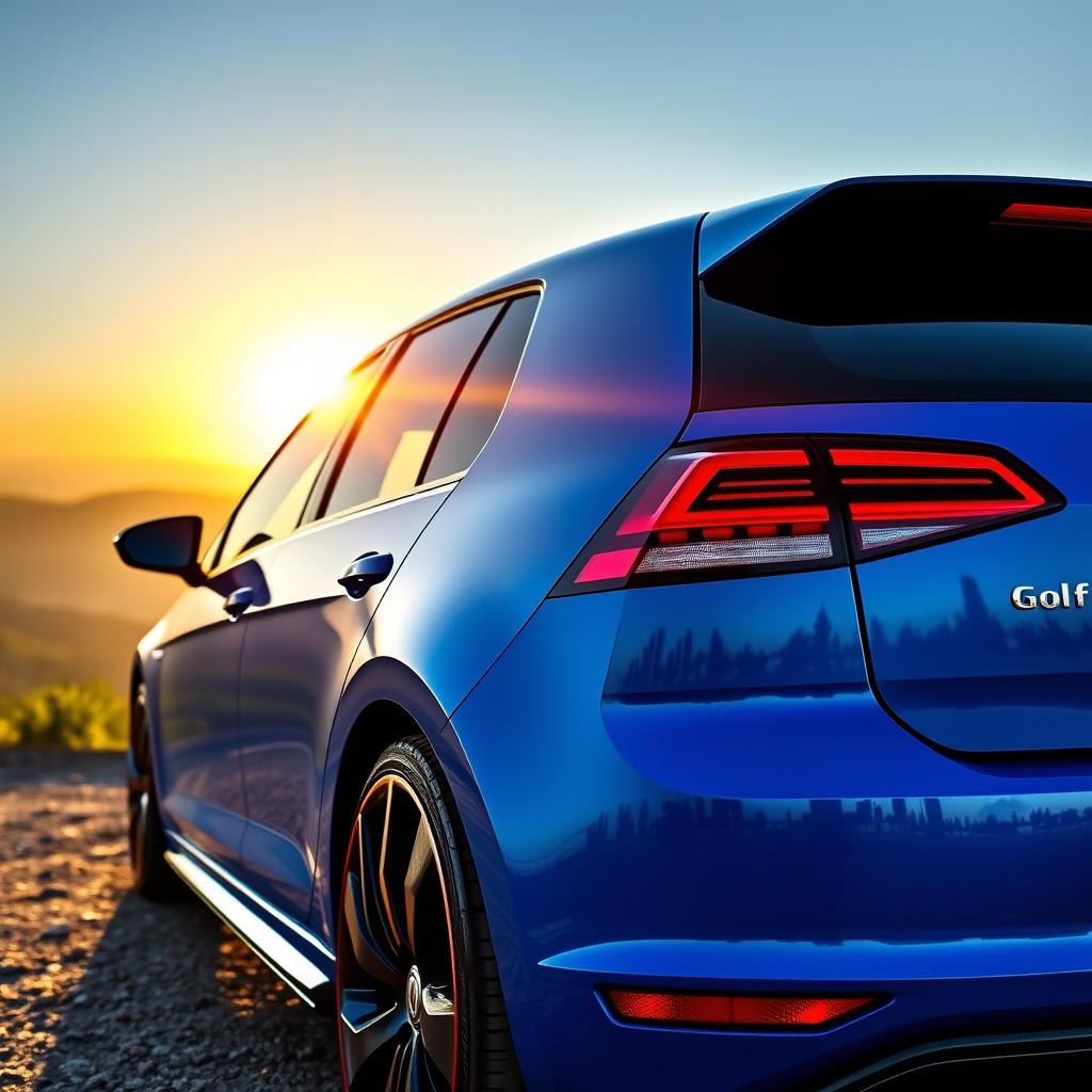 A sleek and stylish Volkswagen Golf R parked on a scenic overlook, showcasing its vibrant blue exterior with a sporty design