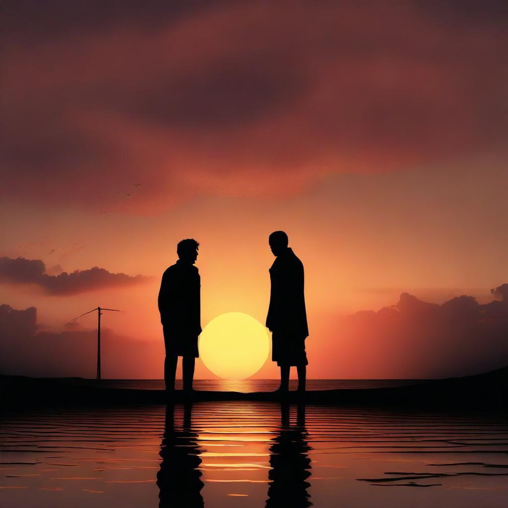 Two last humans on earth, silhouetted against a dramatic sunset, realizing the gravity of their solitary existence. Their expressions speak of determination and a mutual understanding in facing this new world.