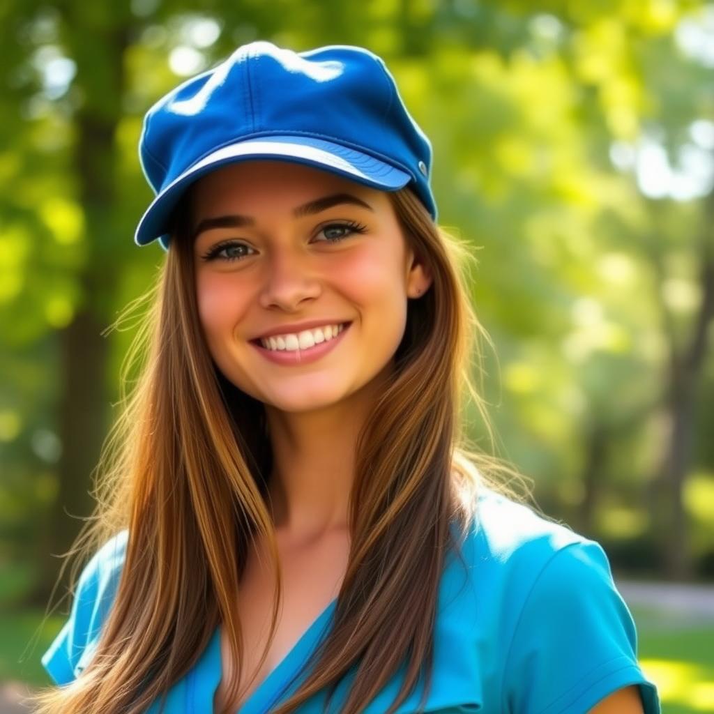 A young woman with long brown hair, wearing a stylish blue cap and a matching blue outfit