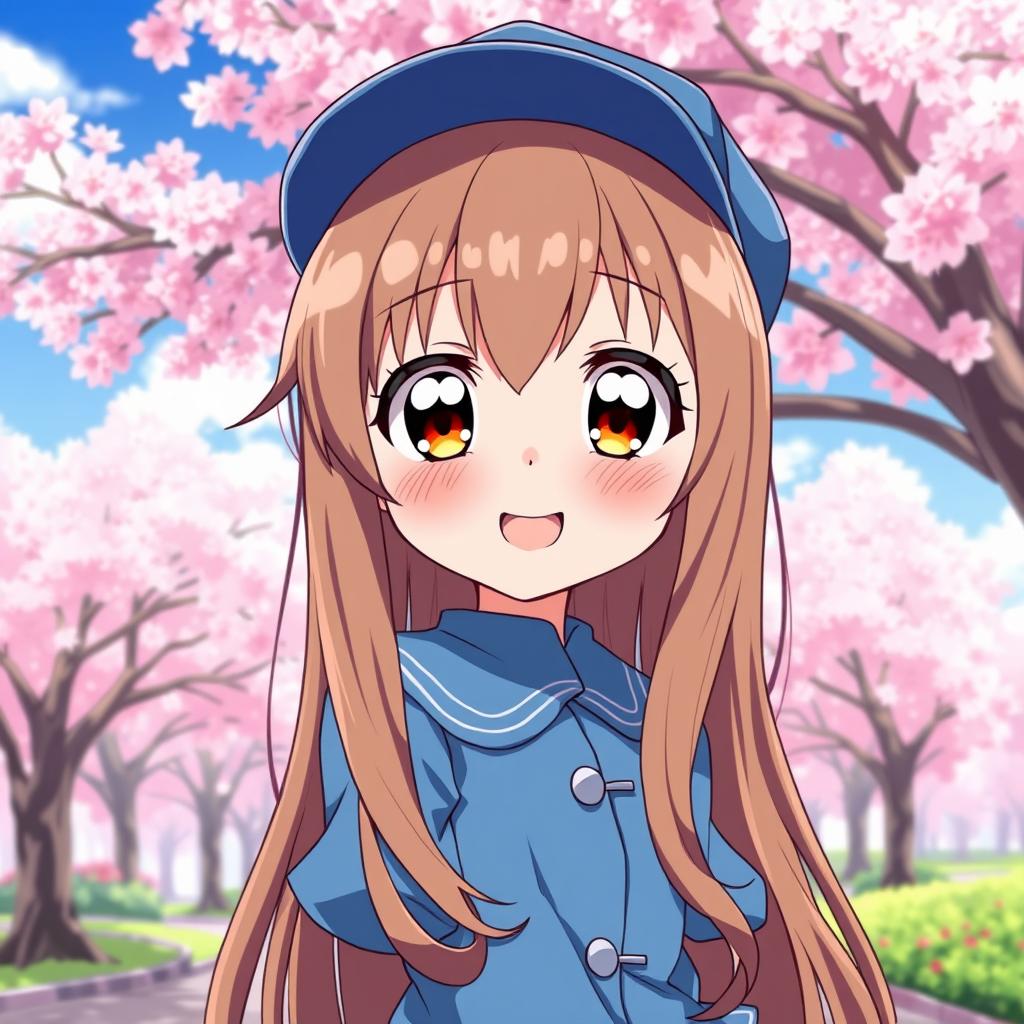An anime-style illustration of a young girl with long brown hair, adorned with a stylish blue cap