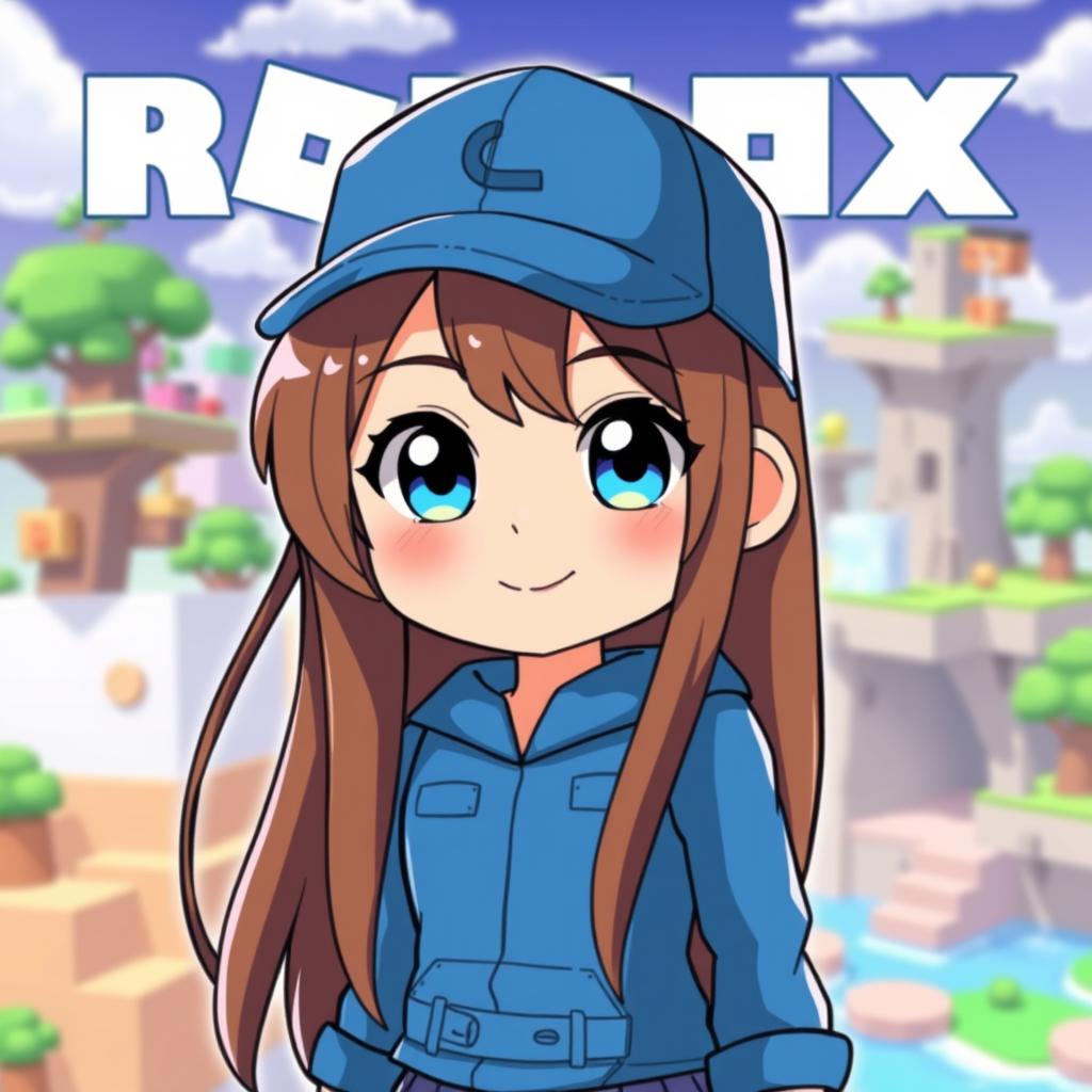 An anime-style cartoon character inspired by Roblox, featuring a young girl with long brown hair and a trendy blue cap